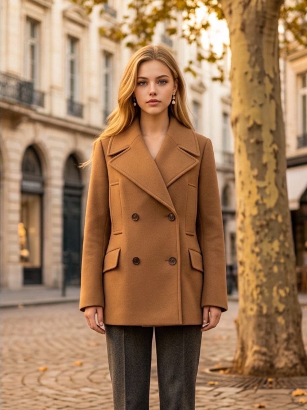 H&M Double-Breasted Camel Pea Coat